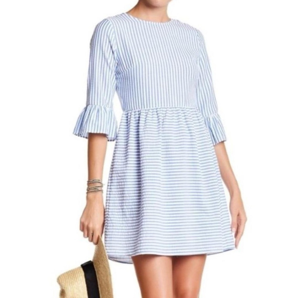 Blue and White Ruffled Tiered A-Line Dress